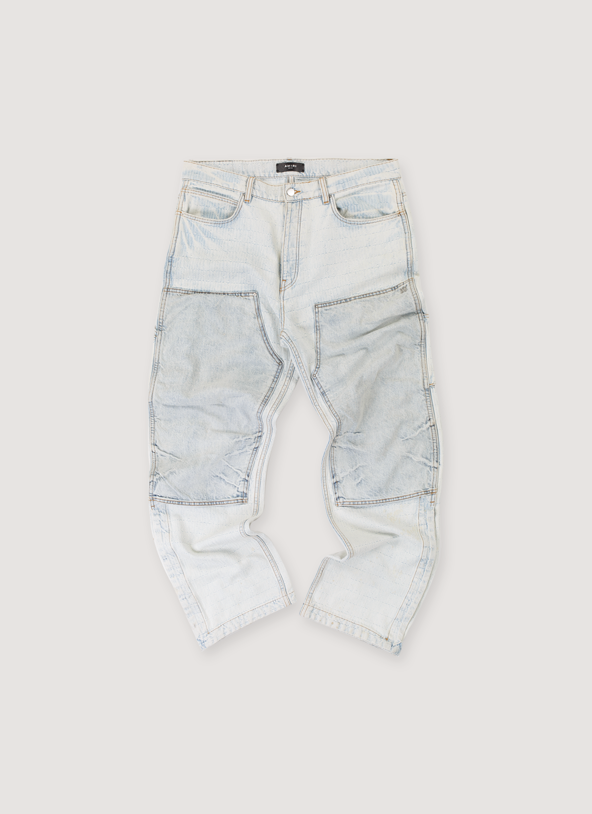 Amiri Jacquard Carpenter Pants Bleached Indigo Blue Jeans (Pre-Owned), Jacquard Amiri logo pattern, metal embellishments, snap button leg opening, front view