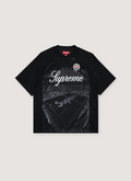 Supreme Jacquard Soccer Jersey tee shirt Black, with woven patch, and embroidered graphic of a stadium that says Supreme, front view Supreme Jacquard Soccer Jersey Black - Image 1 | Authenticated at Pieces Los Angeles