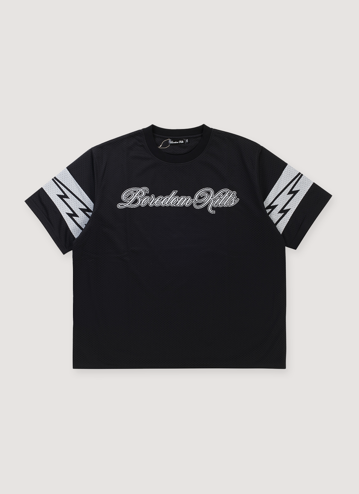 Boredom Kills BK Mesh Jersey Black tee shirt with double layered mesh jersey, printed logos, ribbed collar, front view