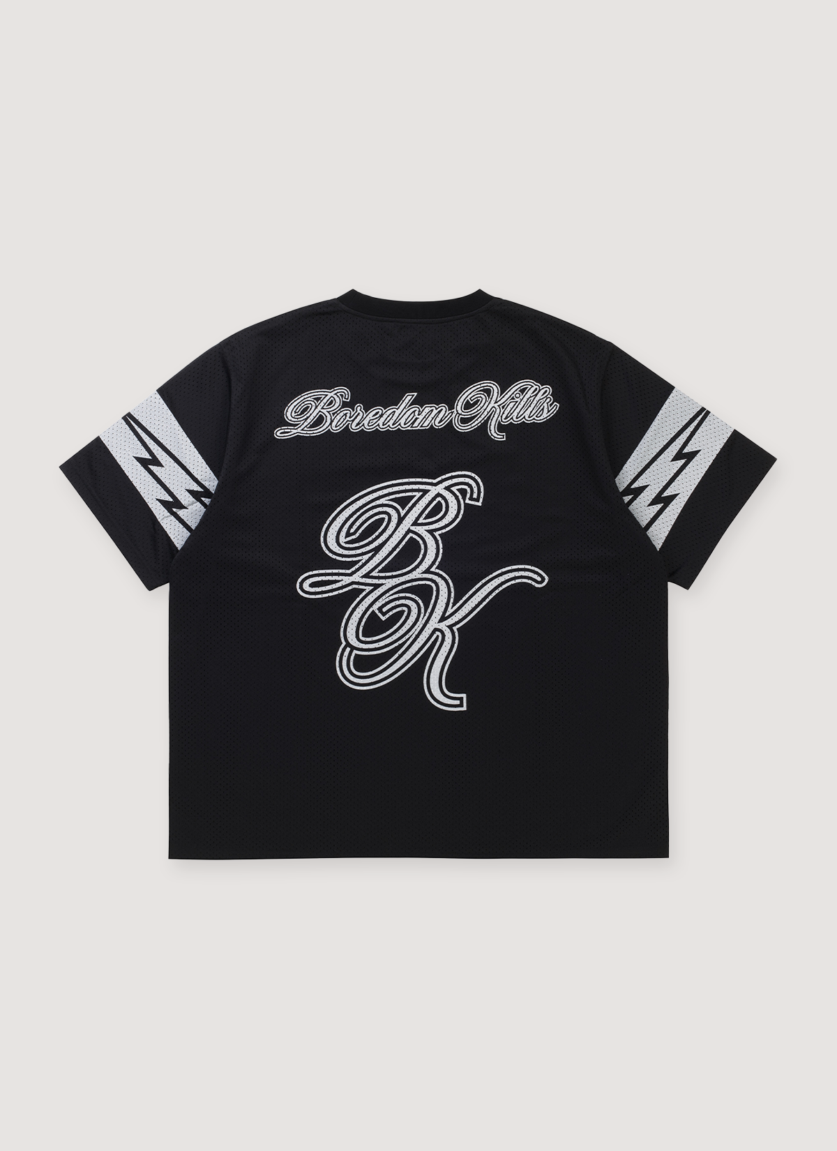 Boredom Kills BK Mesh Jersey Black tee shirt with double layered mesh jersey, printed logos, ribbed collar, back view