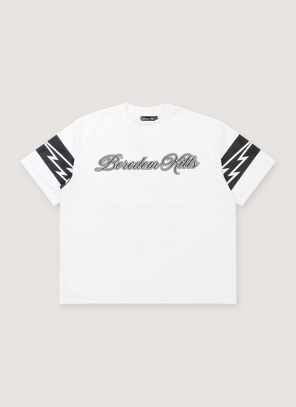 Boredom Kills BK Mesh Jersey White tee shirt with double layered mesh jersey, printed logos, ribbed collar, front view BK Mesh Jersey White - Authenticated T-shirts | Pieces Los Angeles