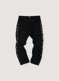 Kapital Jeweled Corduroy Pants Black (Pre-Owned) with jewel and metal embelishments, button and zipper closure, 5 pocket design, front view Kapital Jeweled Corduroy Pants Black (Pre-Owned) - Image 1 | Authenticated at Pieces Los Angeles
