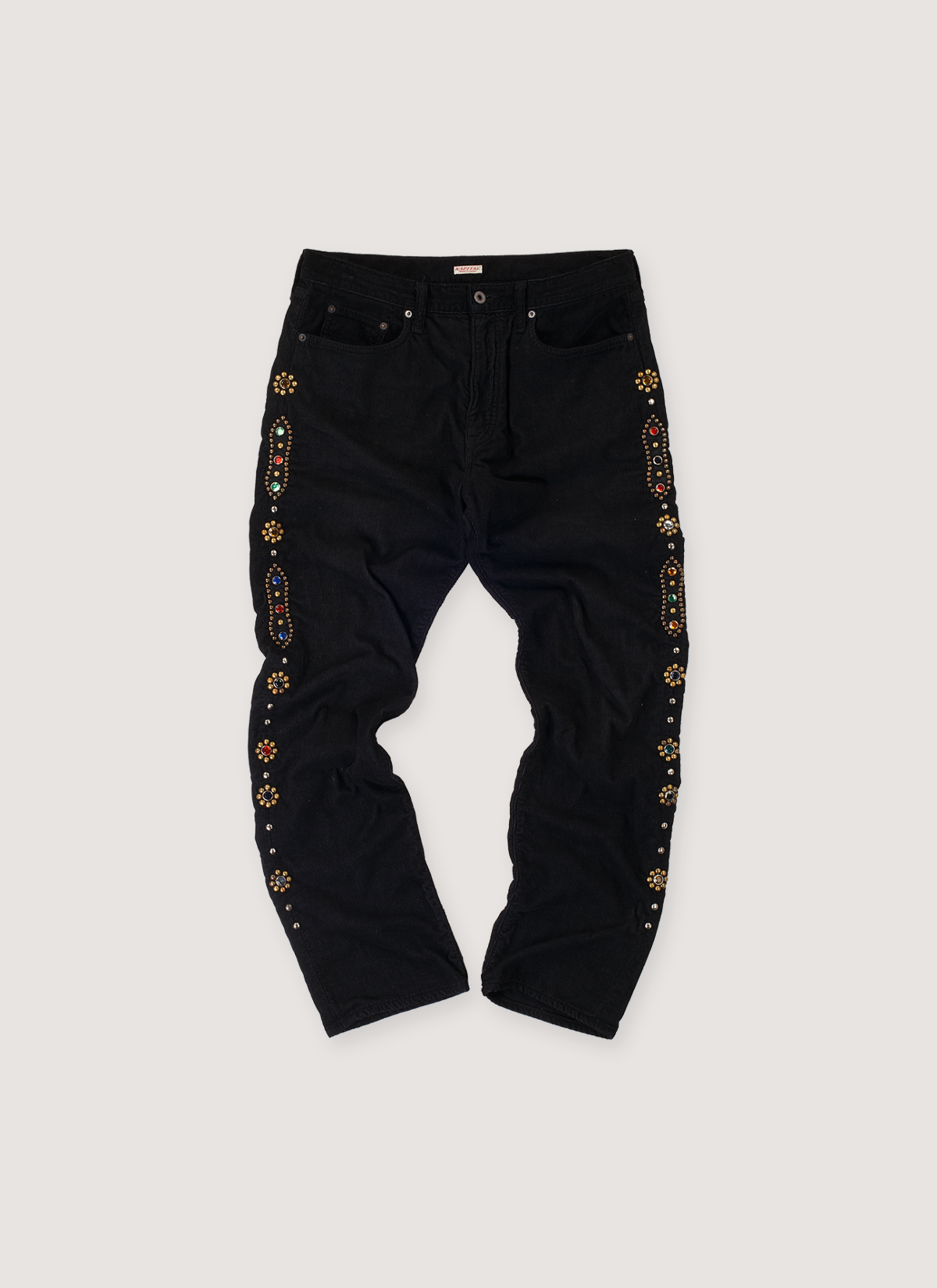 Kapital Jeweled Corduroy Pants Black (Pre-Owned) with jewel and metal embelishments, button and zipper closure, 5 pocket design, front view