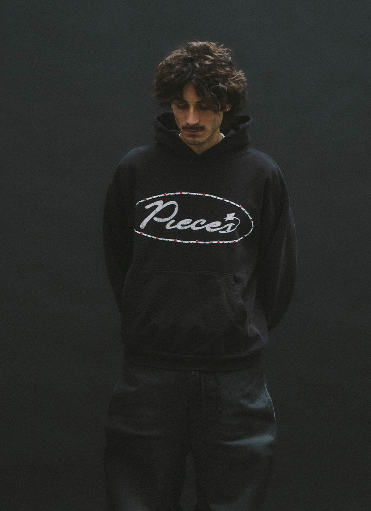 Man wearing the Pieces Jeweled Sweatshirt Black Hoodie with a cursive Pieces logo surrounded by red rhinestone jewels front view Pieces Jeweled Sweatshirt Black - Image 6 | Authenticated at Pieces Los Angeles