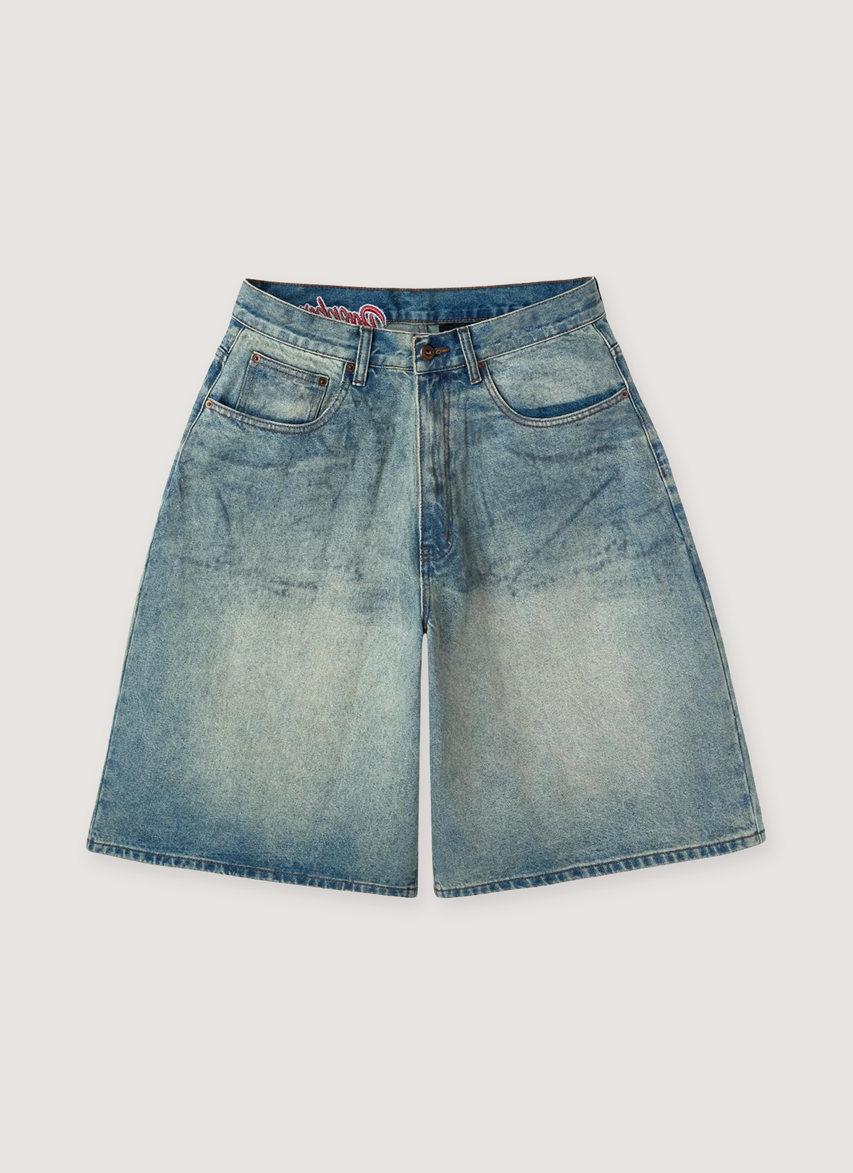 GV Gallery Dirty Jorts Washed Indigo Blue Jean Shorts with cotton denim, vintage wash and fade, dirtied and distressed details, 5 pocket design, embroidered back logo, wide leg fit, front view
