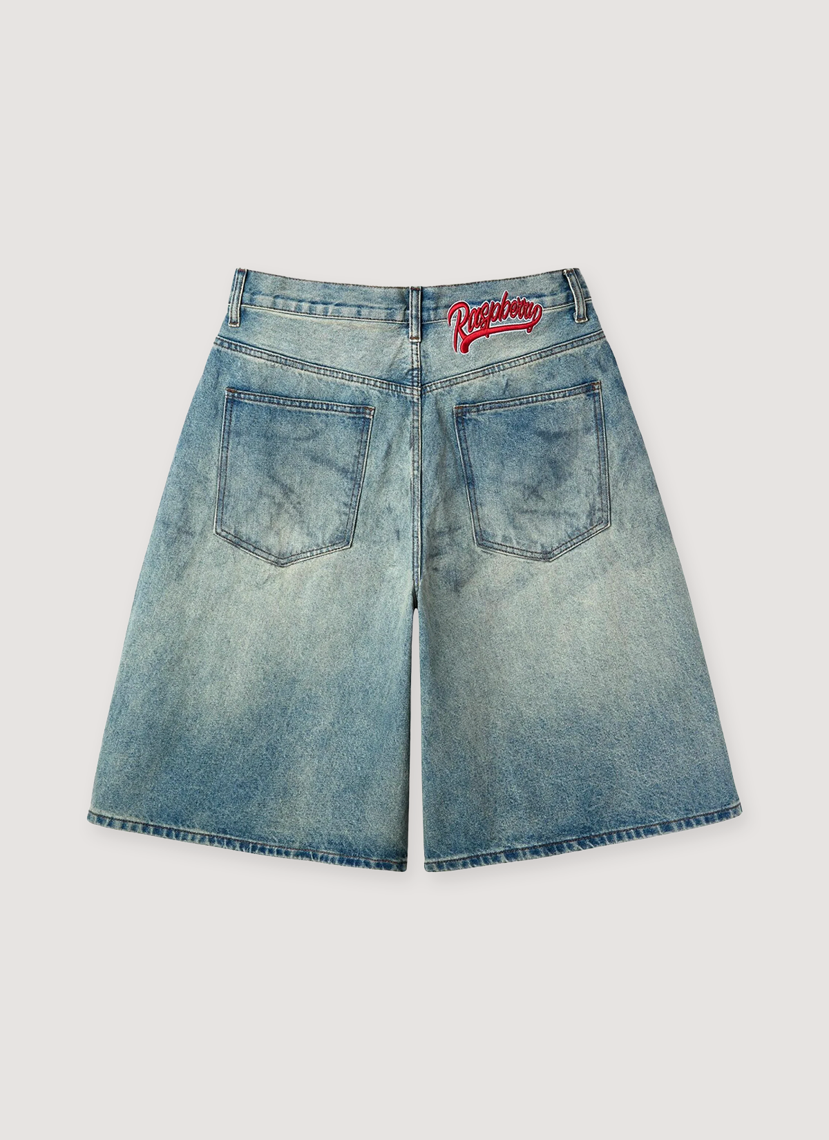GV Gallery Dirty Jorts Washed Indigo Blue Jean Shorts with cotton denim, vintage wash and fade, dirtied and distressed details, 5 pocket design, embroidered back logo, wide leg fit, back view