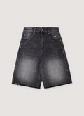 Vague Studios Studded Studios Jorts shorts Ash washed faded black, with studs going down the sides, distressed, front view Vague Studios Studded Studios Jorts Ash - Image 1 | Authenticated at Pieces Los Angeles