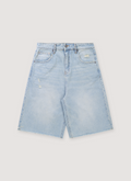 Vague Studios Jorts Coast Light Blue Denim Shorts slightly distressed with light tears, front view Vague Studios Studios Jorts Coast - Image 1 | Authenticated at Pieces Los Angeles