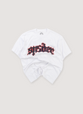 Sp5der Worldwide Juan Tee Shirt White (Pre-Owned) with red and black Sp5der graphic logo, front view Sp5der Worldwide Juan Tee White (Pre-Owned) - Image 1 | Authenticated at Pieces Los Angeles