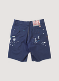 Paly Hollywood Junkie Shorts Navy (Pre-Owned) with paint splatter details and metallic leather backtab, embroidery at back seam, raw edge, back view Paly Hollywood Junkie Shorts Navy (Pre-Owned) - Image 2 | Authenticated at Pieces Los Angeles