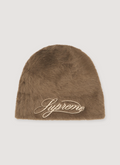 Supreme Kangol Furgora Script Beanie brown, cursive white embroidery text, front view Supreme Kangol Furgora Script Beanie - Image 3 | Authenticated at Pieces Los Angeles