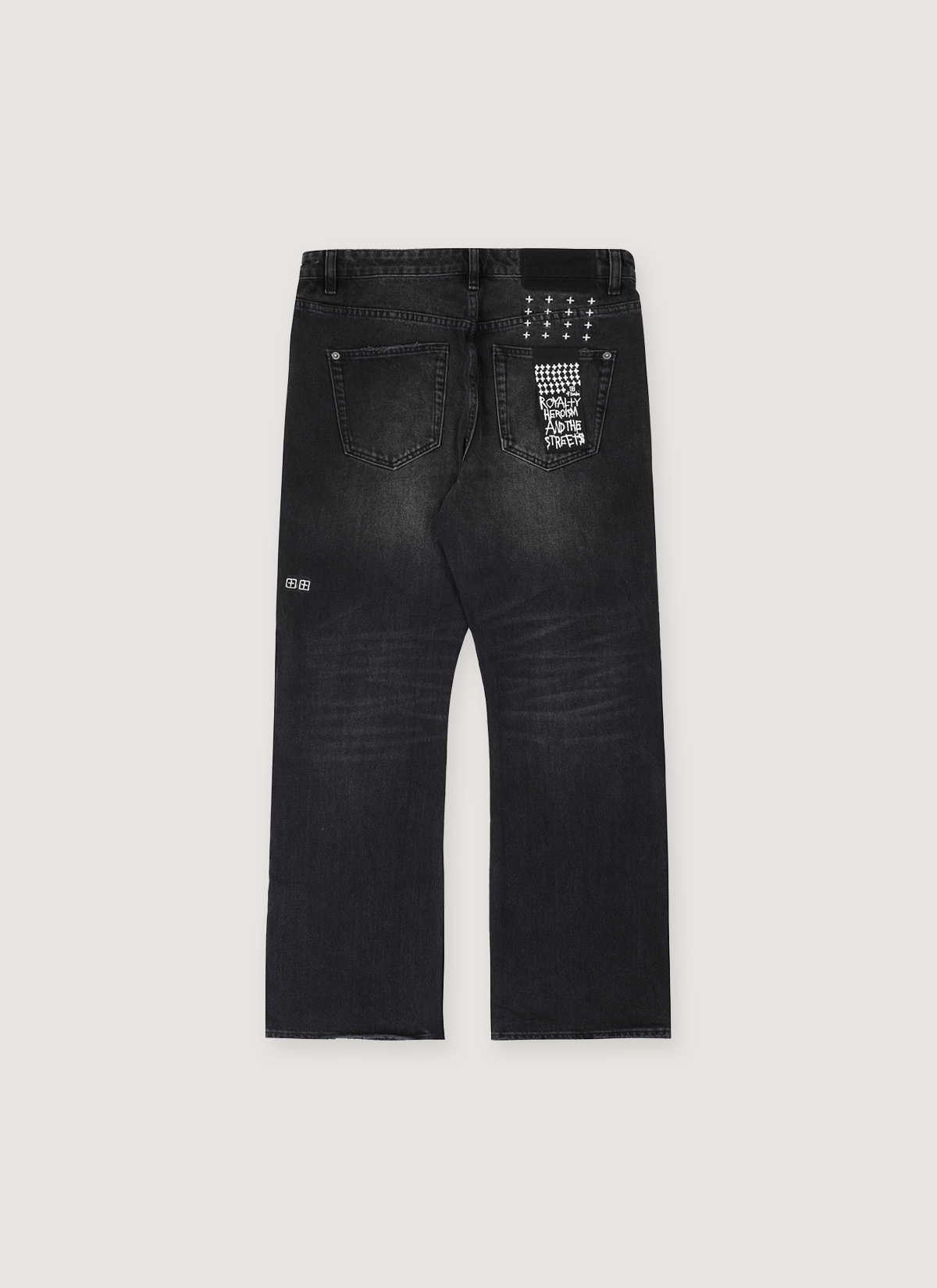 Ksubi Bronko Emblem Jeans Black mid rise denim pants with flared wide leg cut, back 4x4 cross embroidery, branded hardwear, woven pocket tag, back view