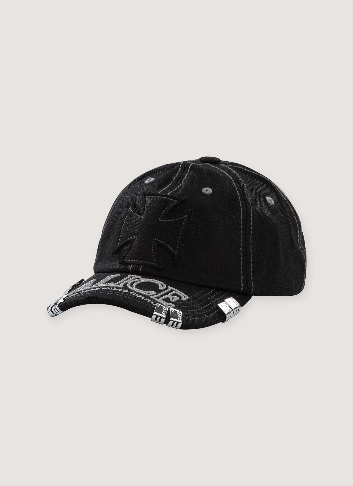Alice Hollywood Ksubi Atelier Logo Cap Black Wax with black cross on the hat and white text on the brim, front view Alice Hollywood Ksubi Atelier Logo Cap Black Wax - Image 1 | Authenticated at Pieces Los Angeles