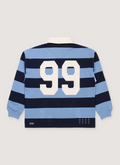 Ksubi Rugged Rugby Jersey Faded Ice Blue Navy stiped with quarter button rugby collar, rats tail detail, T box branding, back 4x4 crosses, branded hardware, number 99 on the back, back view Ksubi Rugged Rugby Jersey Faded Ice - Image 2 | Authenticated at Pieces Los Angeles