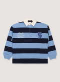 Ksubi Rugged Rugby Jersey Faded Ice Blue Navy stiped with quarter button rugby collar, rats tail detail, T box branding, branded hardware, front view Ksubi Rugged Rugby Jersey Faded Ice - Image 1 | Authenticated at Pieces Los Angeles