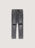 Ksubi Chitch Sinners 1999 Jeans Black washed with tears  on knees and little black crosses all over, front view Ksubi Chitch Sinners 1999 Jeans Black - Image 1 | Authenticated at Pieces Los Angeles