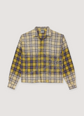 Vale Forever Lemon Head Flannel Yellow plaid faded longsleeve with jewel rhinestone spiderwebs front view Vale Forever Lemon Head Flannel Yellow - Image 1 | Authenticated at Pieces Los Angeles