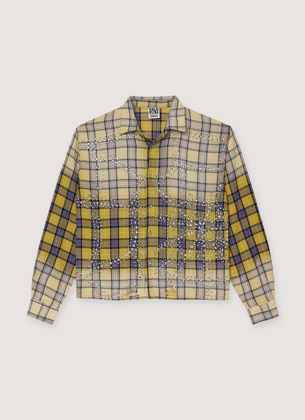 Vale Forever Lemon Head Flannel Yellow plaid faded longsleeve with jewel rhinestone spiderwebs front view
