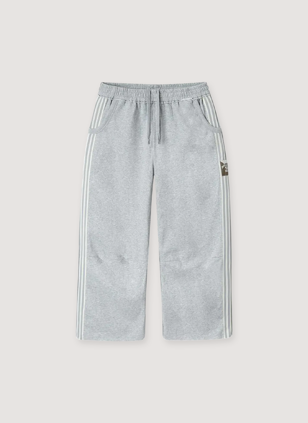 GV Gallery Lil Leon Sweatpants Grey striped side tape, woven Raspberry Hills tag, elasticated waist band, raw edge ankle opening, side pockets, front view GV Gallery Lil Leon Sweatpants Grey - Image 1 | Authenticated at Pieces Los Angeles