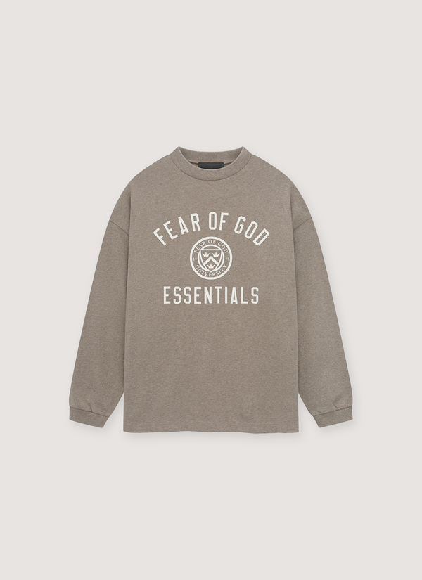 Essentials Fear of God Jersey Longsleeve Heather Grey with ribbed crewneck and cuffs, printed logos, rubberized logo, front view Jersey Longsleeve Heather Grey - Authenticated Longsleeves | Pieces Los Angeles