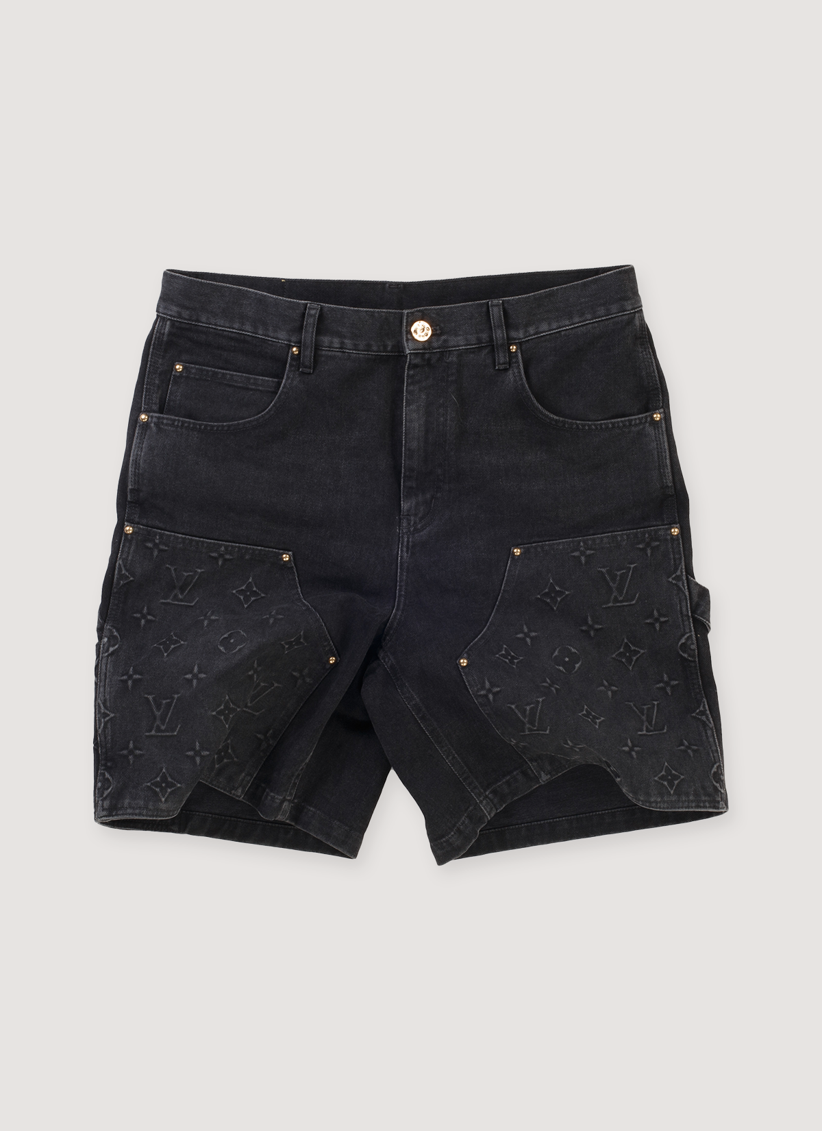 Louis Vuitton Monogram Double Knee Denim Shorts Washed Black (Pre-Owned) with calf leather back tab, embossed monogram details, double knee carpenter, hammer loop, front view
