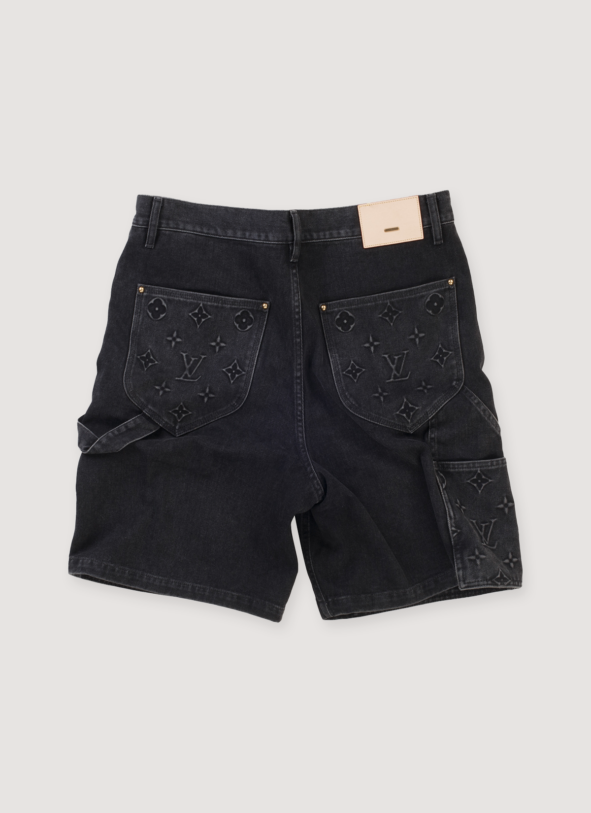 Louis Vuitton Monogram Double Knee Denim Shorts Washed Black (Pre-Owned) with calf leather back tab, embossed monogram details, double knee carpenter, hammer loop, back view