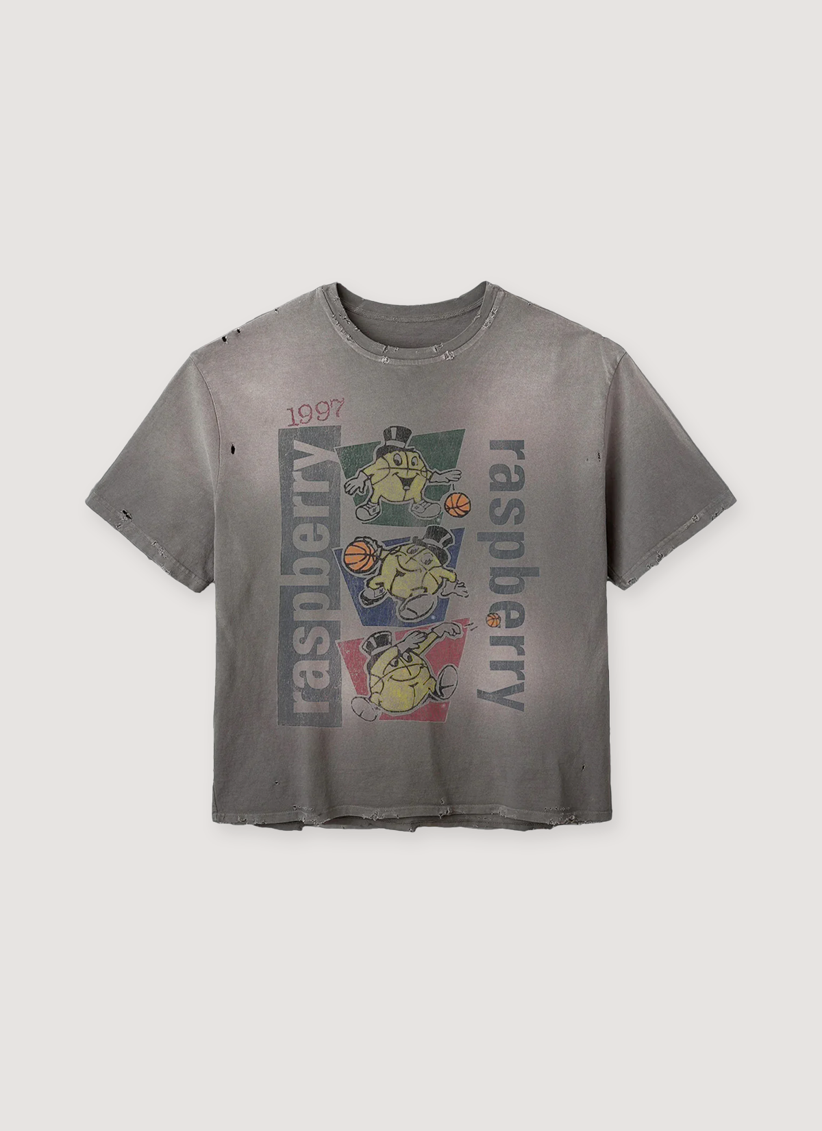 GV Gallery Macker V2 Tee Vintage Grey with faded graphic text and cartoon basketballs, front view GV Gallery Macker V2 Tee Vintage Grey - Image 1 | Authenticated at Pieces Los Angeles