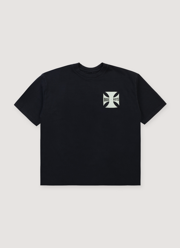 Rhude Malibu Tee Shirt Vintage Black with rib knit crewneck, small printed white chopper cross logo, dropped shoulder, front view Malibu Tee Vintage Black - Authenticated T-shirts | Pieces Los Angeles