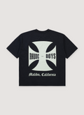 Rhude Malibu Tee Shirt Vintage Black with rib knit crewneck, big printed white chopper cross logo, dropped shoulder, dart at back vollar, back view Rhude Malibu Tee Vintage Black - Image 2 | Authenticated at Pieces Los Angeles