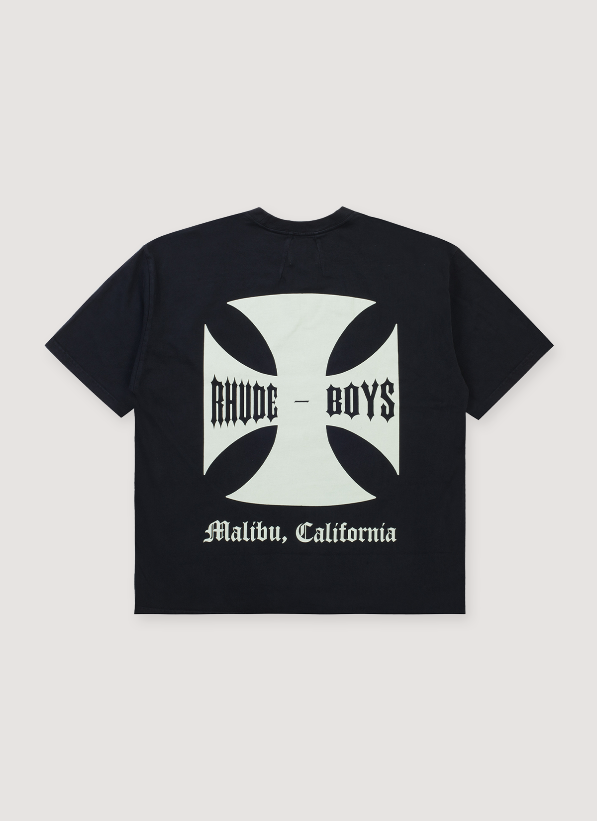 Rhude Malibu Tee Shirt Vintage Black with rib knit crewneck, big printed white chopper cross logo, dropped shoulder, dart at back vollar, back view