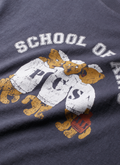Pieces Mascot Sleeveless Shirt Navy blue tank top with cartoon bear design and 'School of' text on a dark background Pieces Mascot Sleeveless Shirt Vintage Navy - Image 3 | Authenticated at Pieces Los Angeles