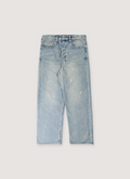 Ksubi Maxx Scatter Denim Blue jeans with light white pain splatter and faded wash, front view Ksubi Maxx Scatter Denim Blue - Image 1 | Authenticated at Pieces Los Angeles