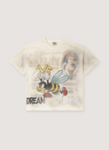 Vale Forever Mayhem Tee Cream faded graphics all over with a cartoon bee, front side Vale Forever Mayhem Tee Cream - Image 1 | Authenticated at Pieces Los Angeles