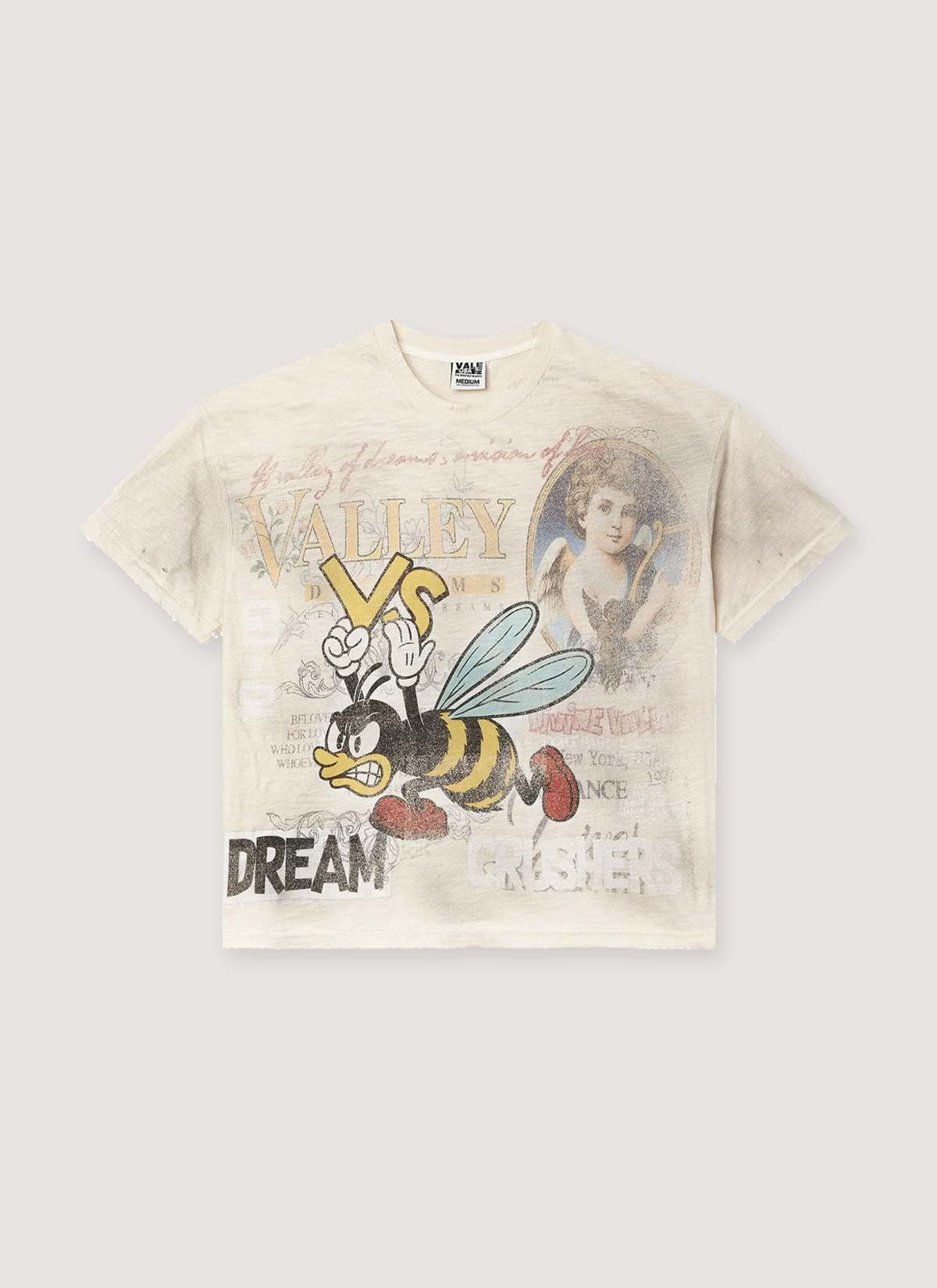 Vale Forever Mayhem Tee Cream faded graphics all over with a cartoon bee, front side Vale Forever Mayhem Tee Cream - Image 1 | Authenticated at Pieces Los Angeles