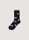 Chrome Hearts Matty Boy Chomper Socks Black with woven pink chomper logos of mouth lips, woven Chrome Hearts text, shiny thread tooth detail Chrome Hearts Matty Boy Chomper Sock - Image 3 | Authenticated at Pieces Los Angeles