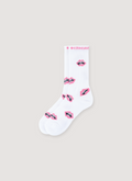Chrome Hearts Matty Boy Chomper Socks White with woven pink chomper logos of mouth lips, woven Chrome Hearts text, shiny thread tooth detail Chrome Hearts Matty Boy Chomper Sock - Image 2 | Authenticated at Pieces Los Angeles
