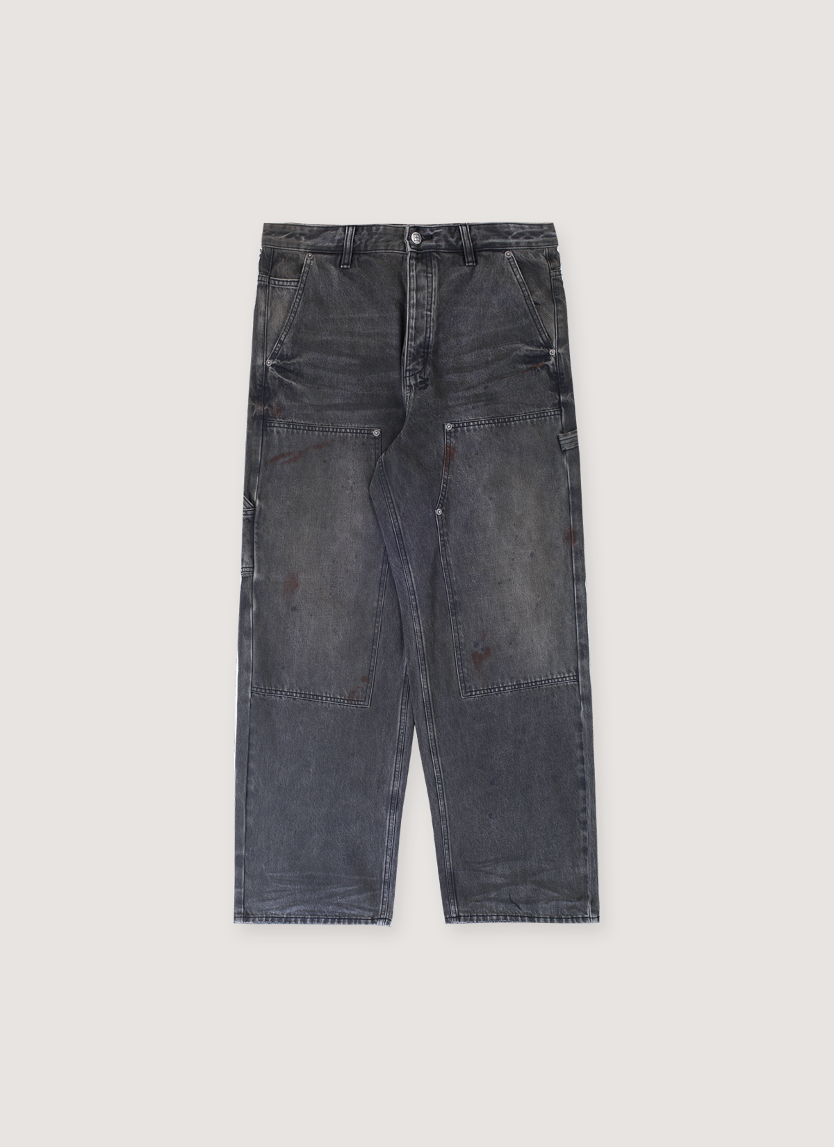 Ksubi Maxx Operator Mekanic Denim Pants Grey Jeans dirty vintage look with stains, front view Ksubi Maxx Operator Mekanic Pants Grey - Image 1 | Authenticated at Pieces Los Angeles