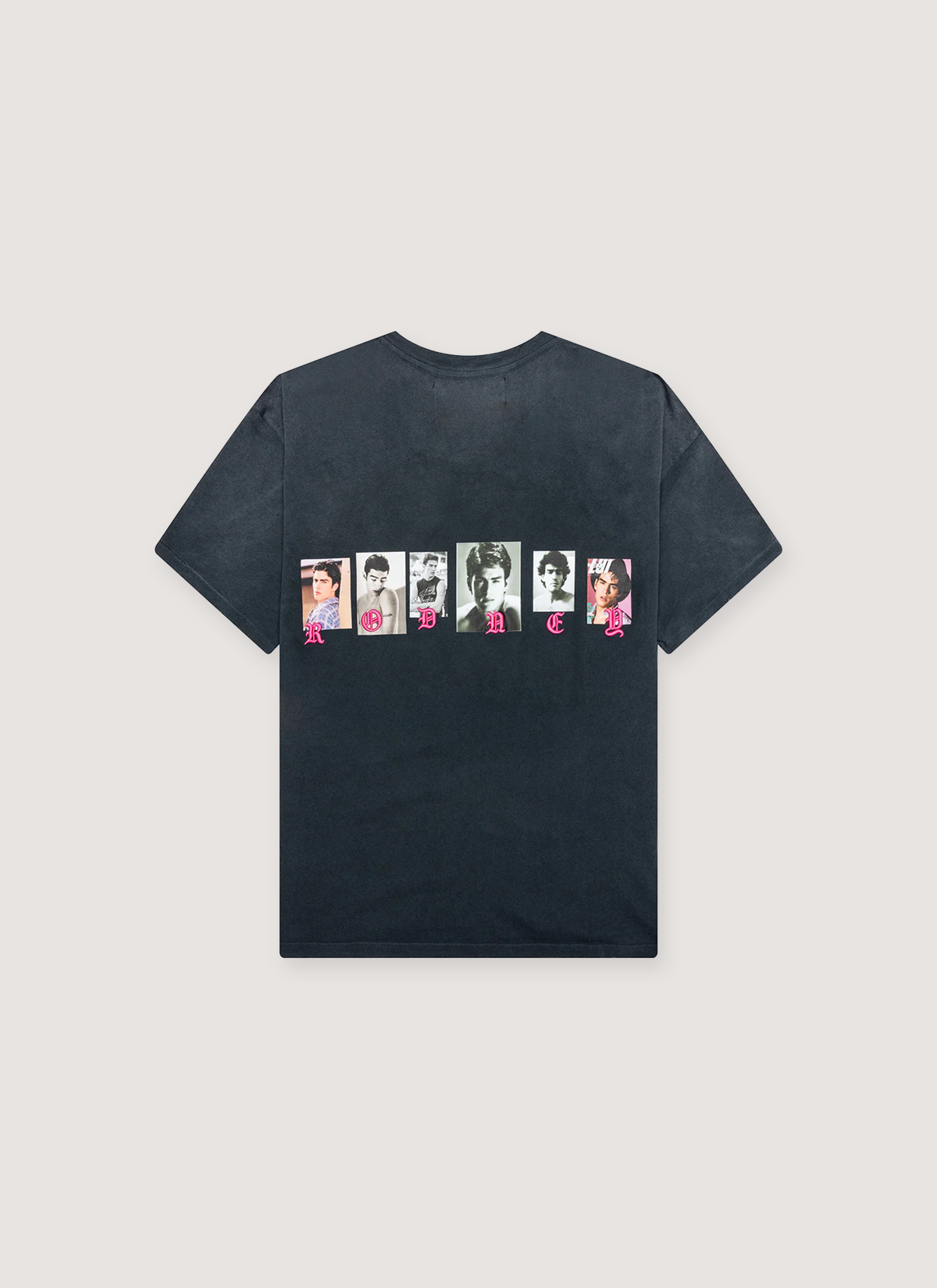 Paly Hollywood Memorial Tee Shirt Vintage Black, cotton Japanese jersey vintage wash, dirty, with photos of people's faces, portraits, back view