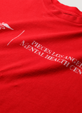 Close up view of text on Pieces Mental Health Tee shirt Vintage Red front view Pieces Mental Health Tee Vintage Red - Image 3 | Authenticated at Pieces Los Angeles