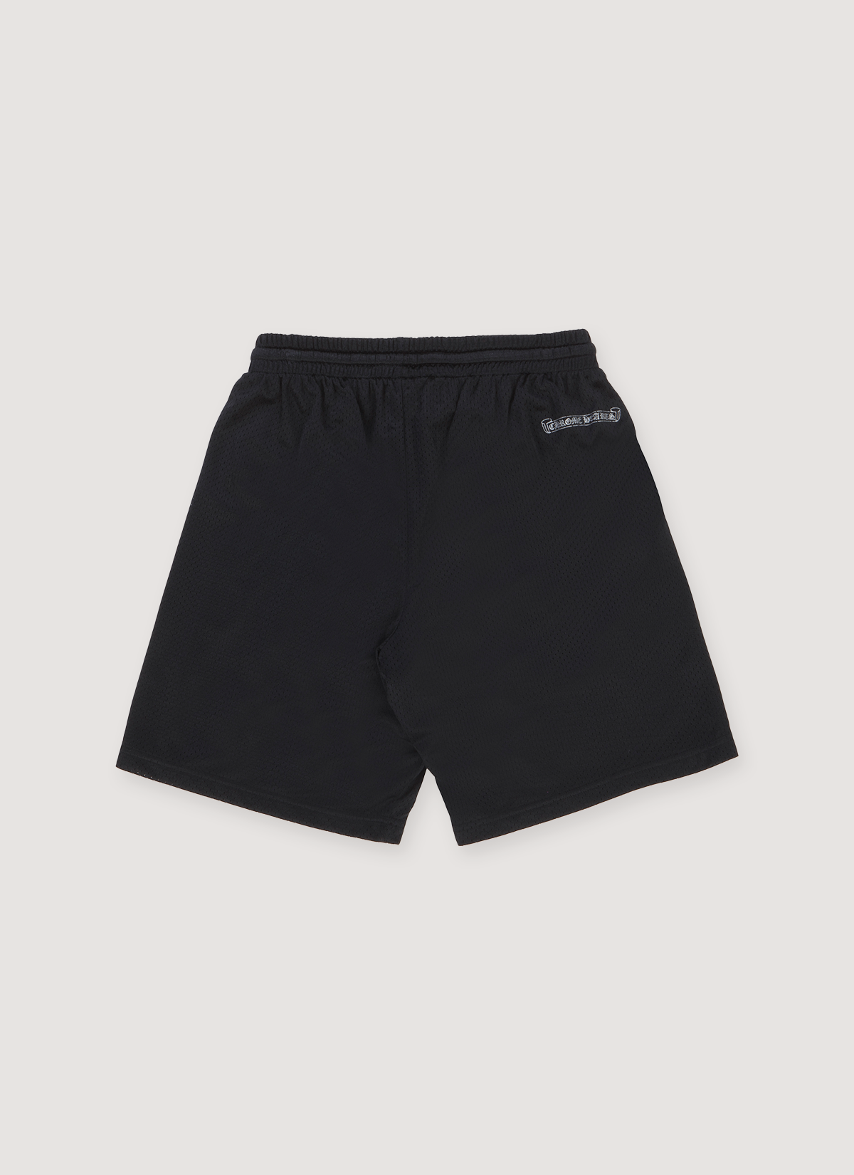 Chrome Hearts Stadium Mesh Shorts Black with single back pocket and small white logo, back view Chrome Hearts Stadium Mesh Shorts Black - Image 2 | Authenticated at Pieces Los Angeles
