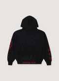 Ed Hardy MGK Flames Rhinestone Zip Up Sweatshirt Hoodie Black with red printed logo text all over, ribbed cuff and hem, back view Ed Hardy MGK Flames Rhinestone Zip Up Sweatshirt Black - Image 2 | Authenticated at Pieces Los Angeles