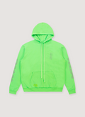 Chrome Hearts Glitter Vertical Logo Miami Ultra Week Sweatshirt Neon Green with screen printed logos, sleeve prints, adjustable hood drawstrings, front view Chrome Hearts Glitter Vertical Logo Miami Ultra Week Sweatshirt Neon Green - Image 1 | Authenticated at Pieces Los Angeles