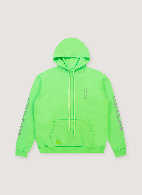Chrome Hearts Glitter Vertical Logo Miami Ultra Week Sweatshirt Neon Green with screen printed logos, sleeve prints, adjustable hood drawstrings, front view Glitter Vertical Logo Miami Ultra Week Sweatshirt Neon Green - Authenticated Sweatshirts | Pieces Los Angeles