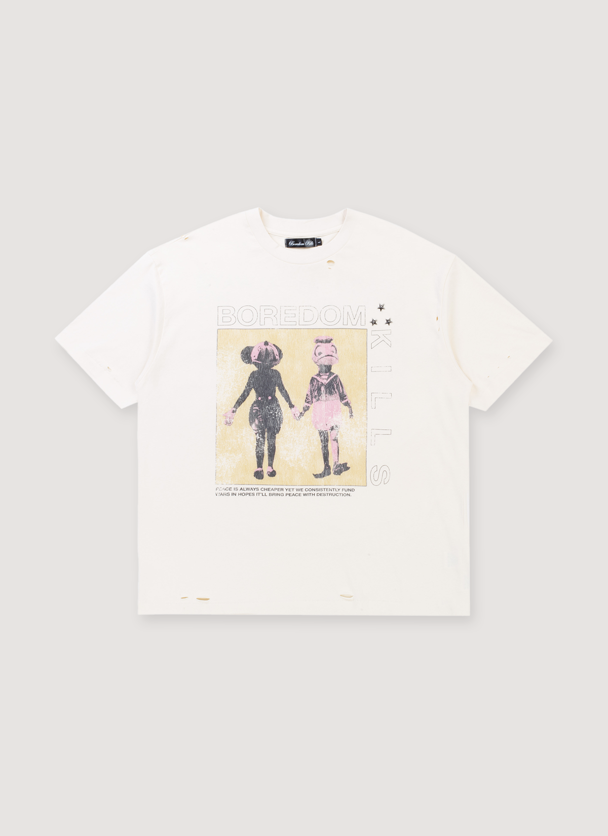 Boredom Kills Mickee Tee Vintage White front view with faded graphic of two characters holding hands