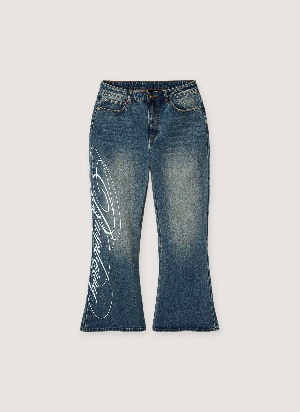 GV Gallery Miley Cyrus Denim Indigo Blue Jeans, 5 pocket design, washed out and distressed, flared bell bottom, printed white logos, zipper and button fly closure, front view GV Gallery Miley Cyrus Denim Indigo - Image 1 | Authenticated at Pieces Los Angeles