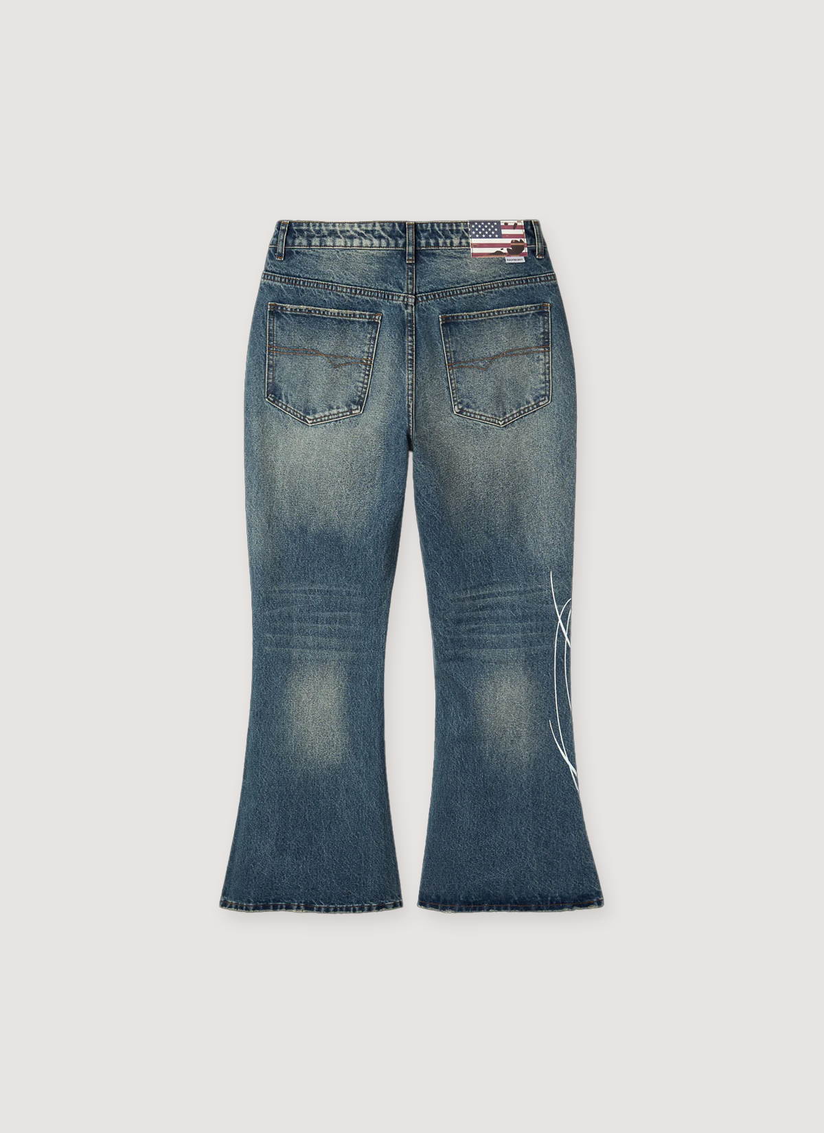 GV Gallery Miley Cyrus Denim Indigo Blue Jeans, 5 pocket design, washed out and distressed, flared bell bottom, printed white logos, leathr RSP backtab, back view GV Gallery Miley Cyrus Denim Indigo - Image 2 | Authenticated at Pieces Los Angeles