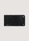 Chrome Hearts Mini Wave Wallet Black 100$ pebbled leather, .925 silver details, .925 silver dagger zipper pull, 6 card slots, bill pocket, inside view of the wallet opened up Chrome Hearts Mini Wave Wallet Black - Image 3 | Authenticated at Pieces Los Angeles