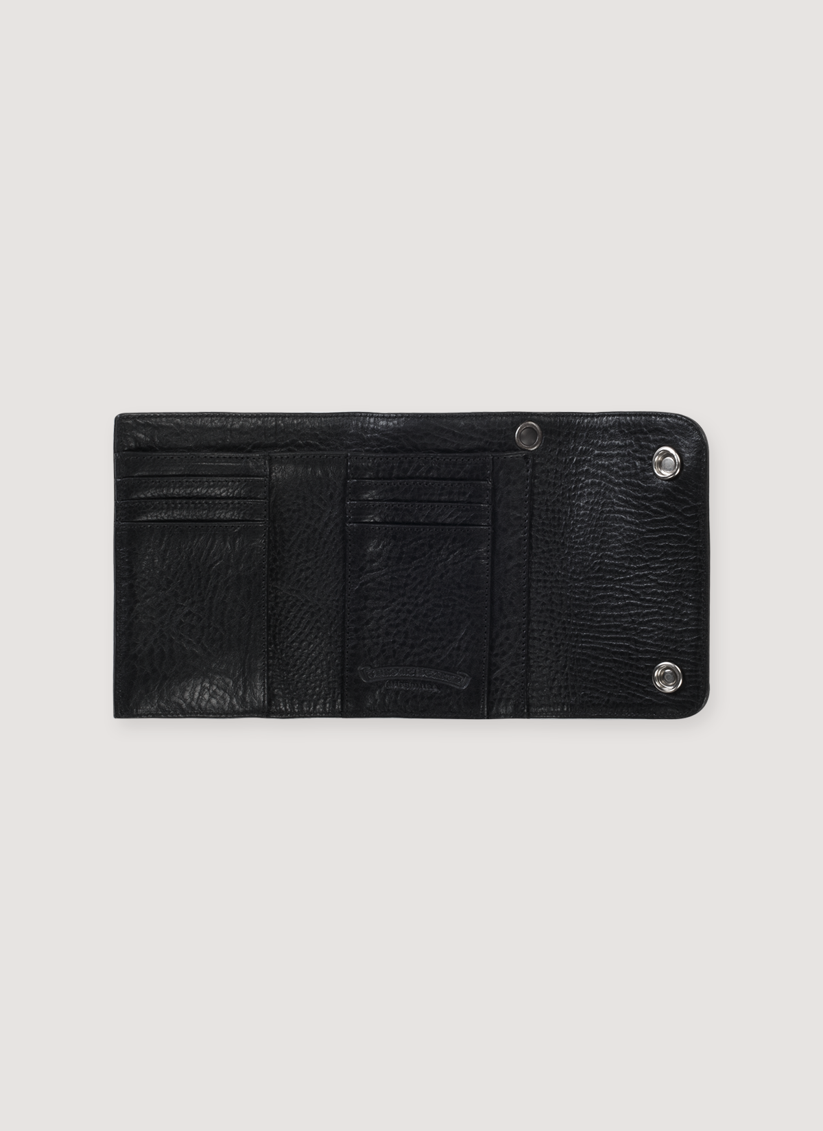 Chrome Hearts Mini Wave Wallet Black 100$ pebbled leather, .925 silver details, .925 silver dagger zipper pull, 6 card slots, bill pocket, inside view of the wallet opened up Chrome Hearts Mini Wave Wallet Black - Image 3 | Authenticated at Pieces Los Angeles