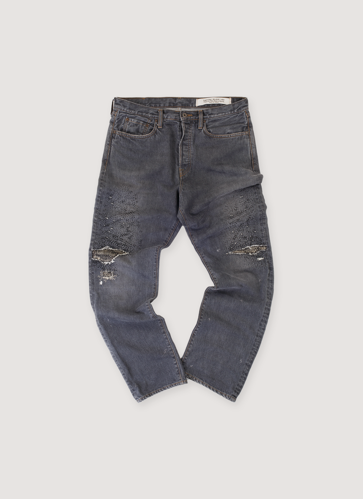 Kapital Monkey Cisco Distressed Pants Grey (Pre-Owned) Denim Jeans with 3 Year Fade wash, repair stitched knees, straight cut, 5 pockets, front view