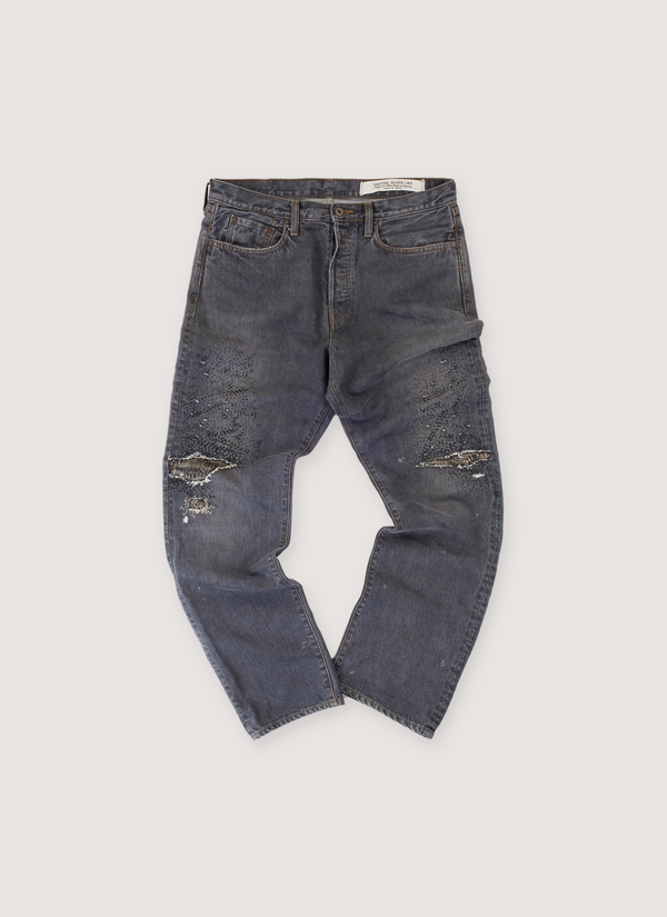 Kapital Monkey Cisco Distressed Pants Grey (Pre-Owned) Denim Jeans with 3 Year Fade wash, repair stitched knees, straight cut, 5 pockets, front view Monkey Cisco Distressed Pants Grey (Pre-Owned) - Authenticated Jeans | Pieces Los Angeles